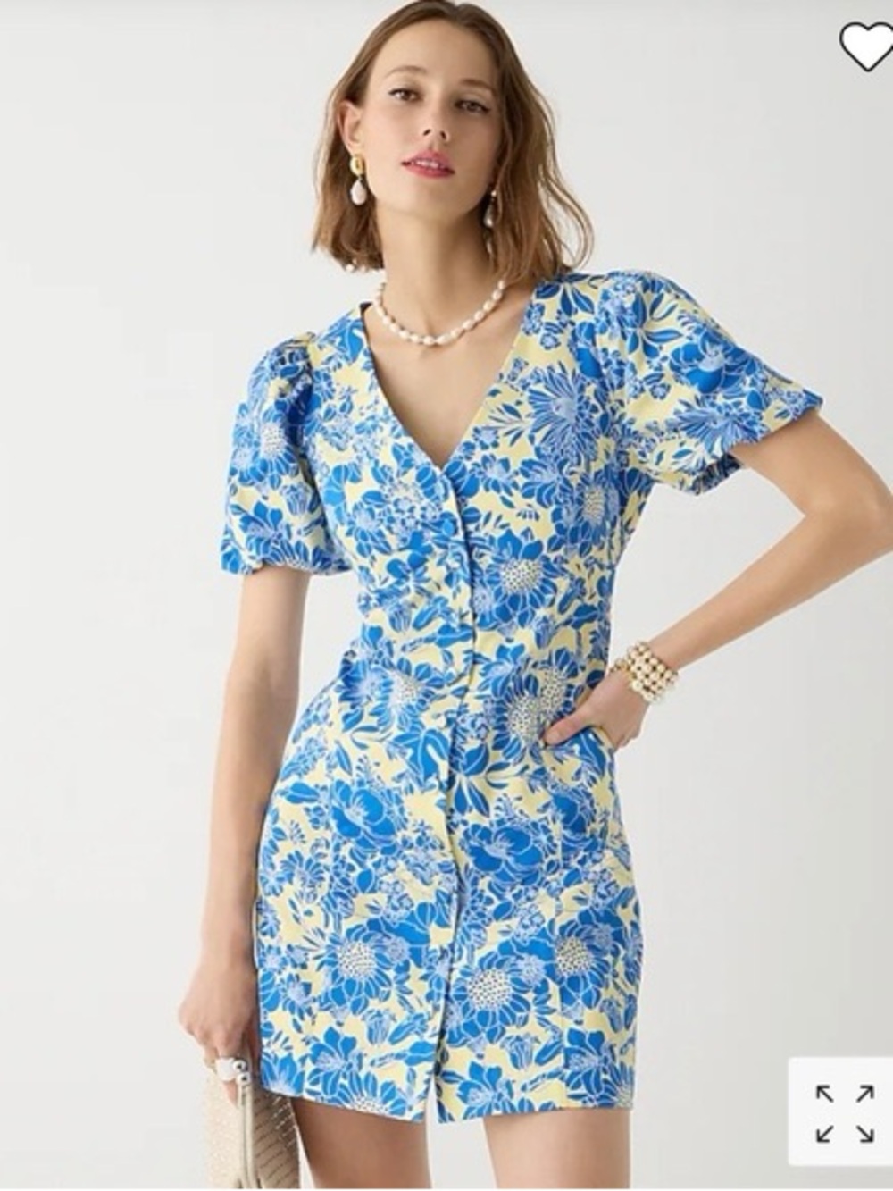 J. Crew Yellow and Blue Floral V-Neck Puff Sleeve Mini Dress